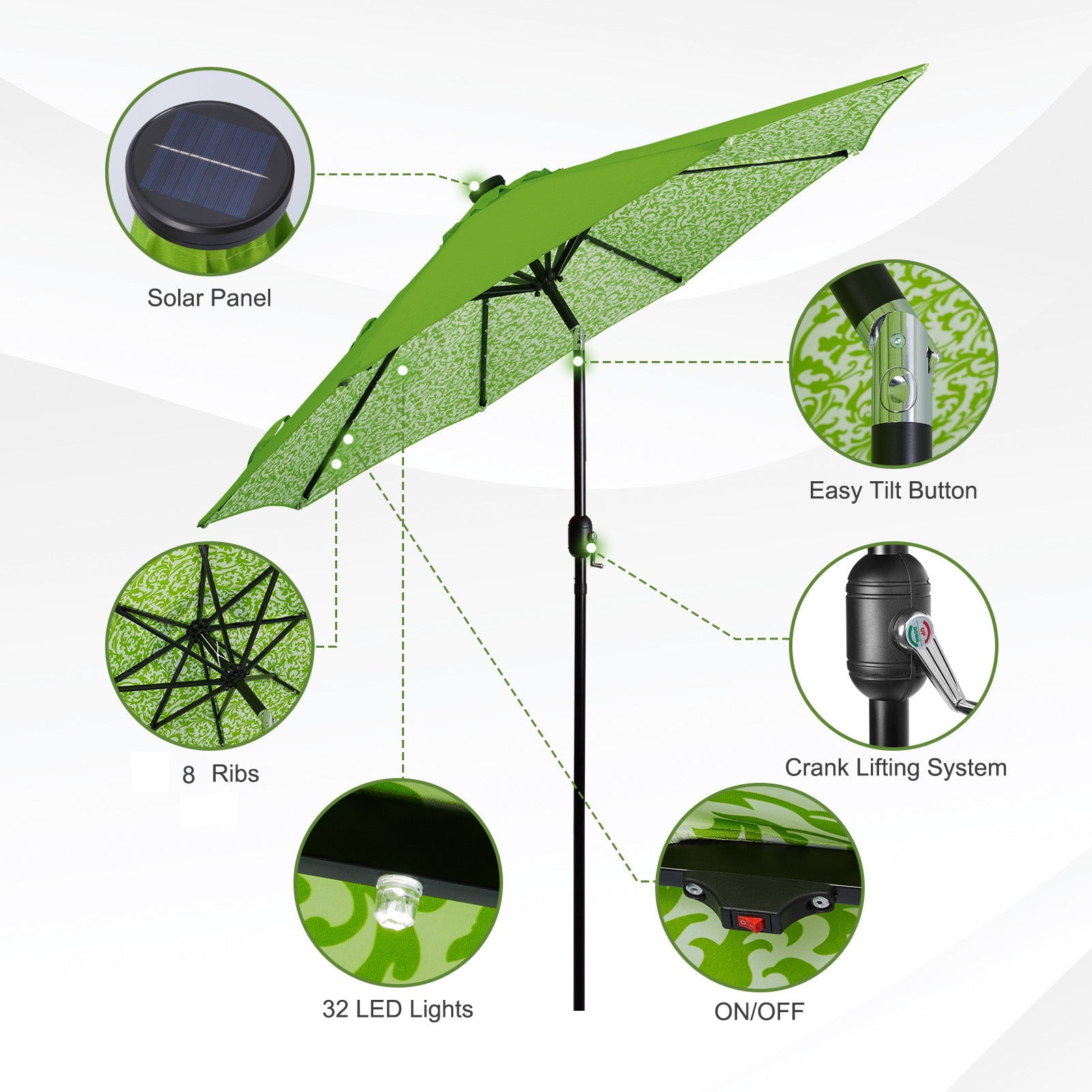 Backyard Expressions 9ft Solar Patio Umbrella with 32 LED Lights – Outdoor Market Umbrella with Tilt & Crank, Solar-Powered Lighting, Water-Resistant Fabric for Patio, Deck, Garden, Pool