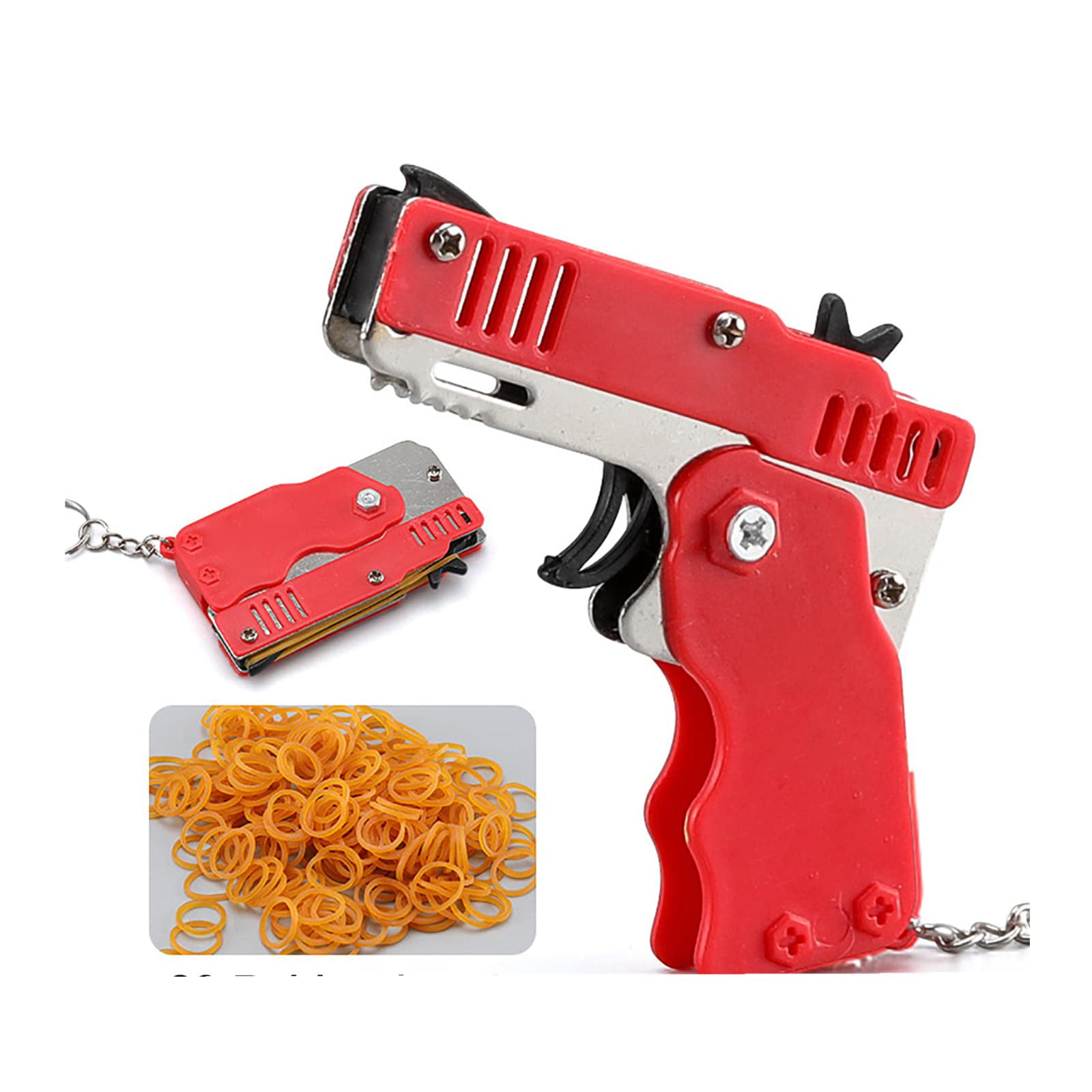Rubber Band Gun Mini Metal Folding 6-Shot with Keychain and Rubber Band New 