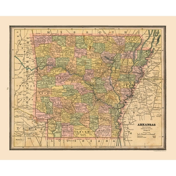 Historic State Map - Arkansas - Cram 1888 - 28.14 x 23 - Vintage Wall Art