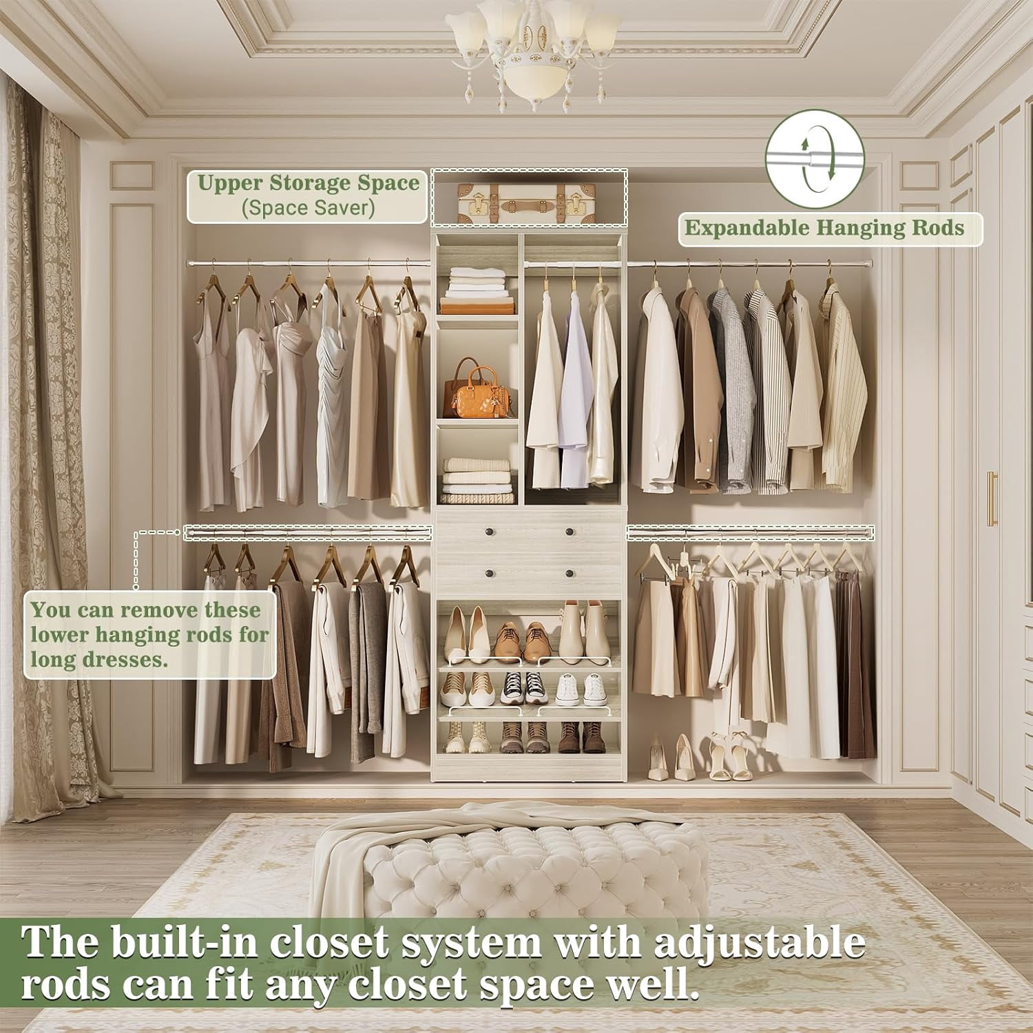 Homieasy Closet System, 2.4–8.8 FT Closet Organizer System with 2 Drawers, 5 Hanging Rods and Shoe Racks for Walk-in Closet, Bedroom, White Oak