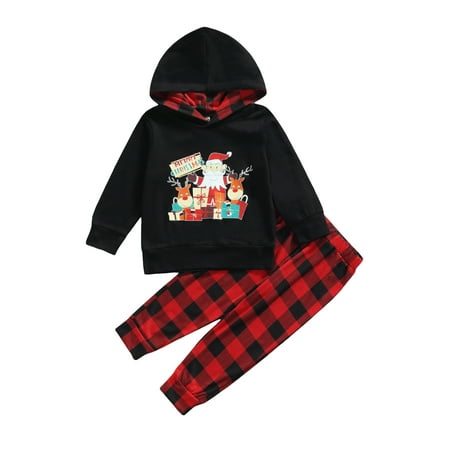 

Izhansean Toddler Baby Boy Girl Christmas Clothes Santa Printed Hoodies Top + Plaid Long Pants 2Pcs Outfits Black 4-5 Years