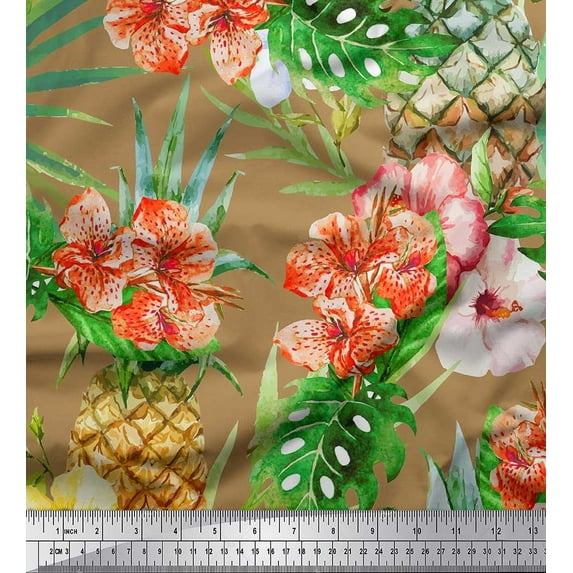 Soimoi Rayon Fabric Floral,Monstera Leaves & Pine Fruits Print Sewing Fabric Yard 56 Inch Wide