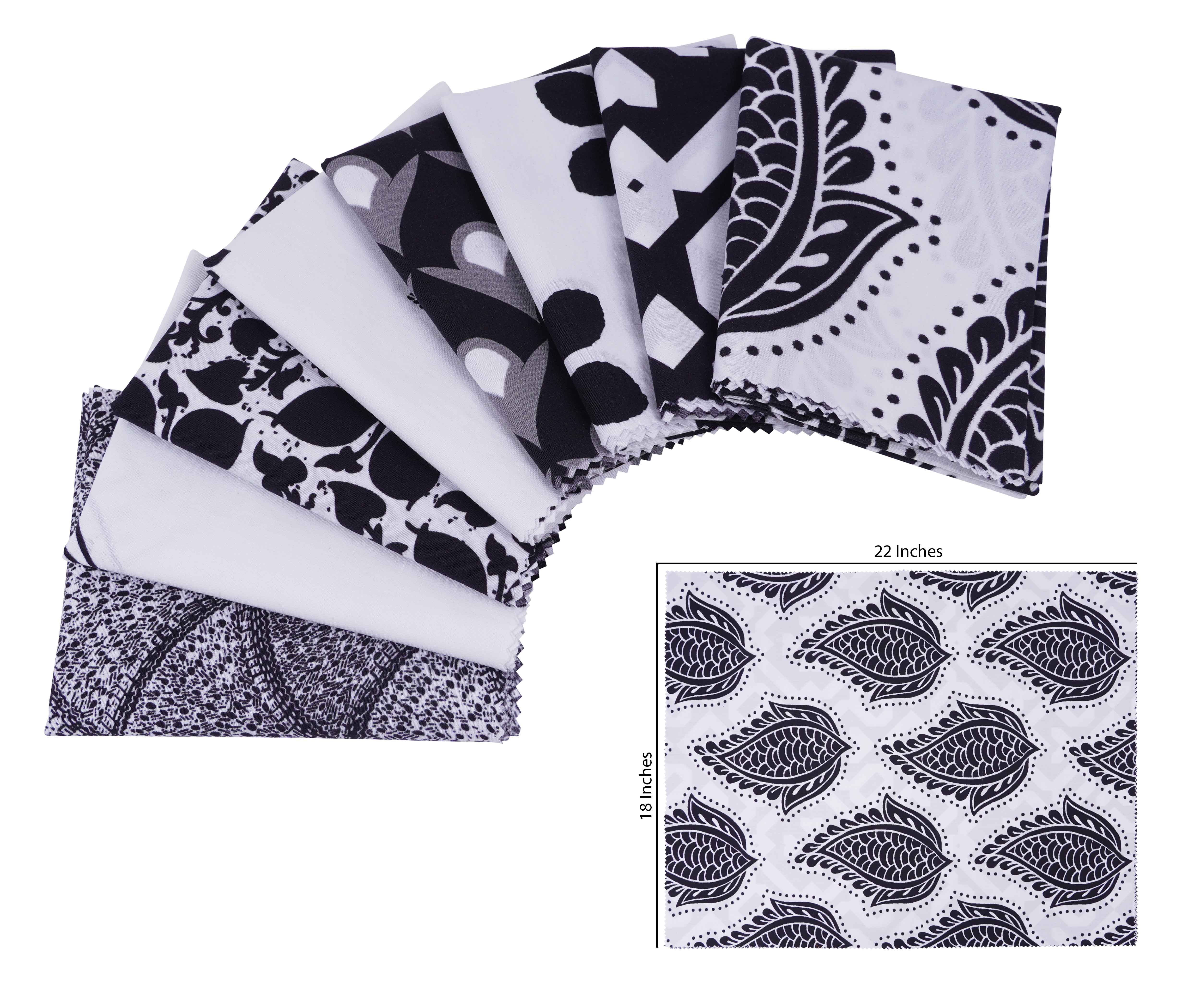 Soimoi 8 Pc Fat Quarter Bundle -Asian BlockPrint 18"x 22"DIY Patchwork-100% CottonPre-Cut Quilting Fabric (White & Black)