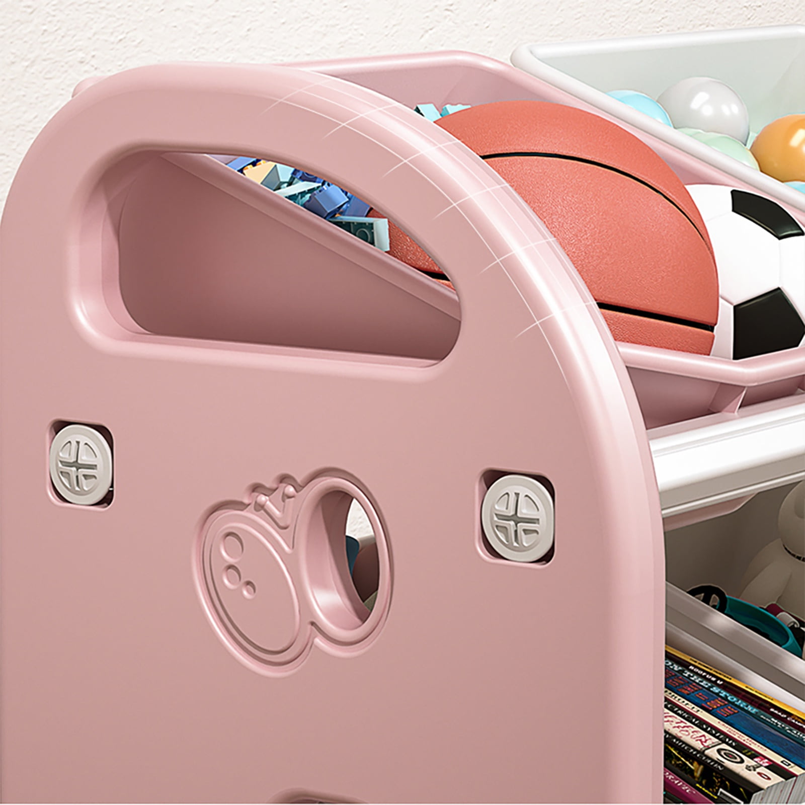 PORKISS Kids Toy Organization Bookcase with 6 Bins, Multi-functional Nursery Storage Organizer Bookshelf with HDPE Shelf for Children's Room Playroom, Pink