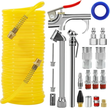 POLARPRA Air Compressor Hose Kit with Blow Gun & Nozzles (25ft 1/4" NPT, 200 PSI) - 20pc Heavy Duty Accessory Set for Tires, Inflatables & Pneumatic Tools