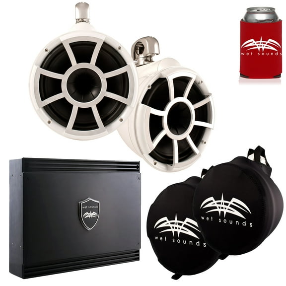 Wet Sounds White REV 10 Swivel Clamp Tower Speakers with Wet Sounds SD2 1250 Watt Amplifier & Suitz Speaker Covers