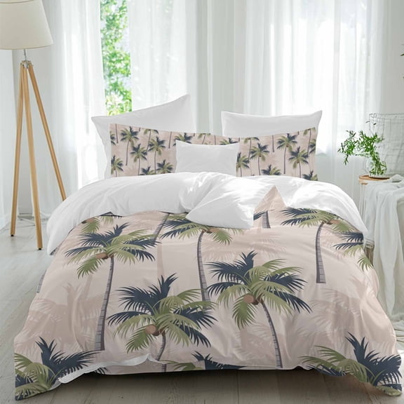 Summer Tropical Queen Size Comforter Set, Plant Coconut Palm Tree Vintage Abstract Bedding for All Seasons, 4 Pcs Bed Set, 1Quiltcover (90"x92") ,1Sheet(94"x116"), 2Pillowcases (30"x20")