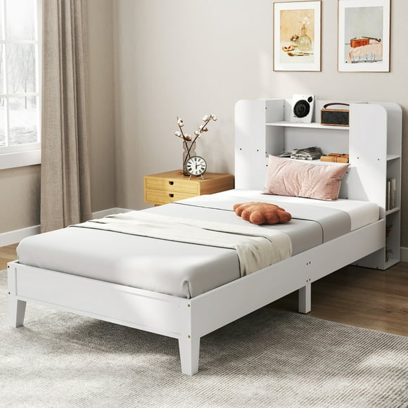 Gymax Twin Size Bed Frame Wooden Platform Bed Kids Bed Frame w/ Bookcase Headboard White