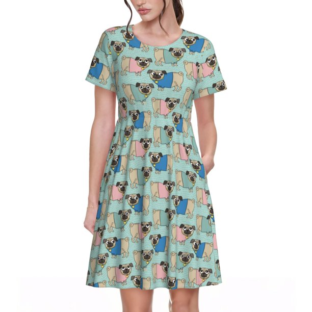 Easygdp Colorful Pugs para Vestido Transpirable de Mujer, Vestido Suelto de Manga Corta con Pliegues y Bolsillos para el Verano