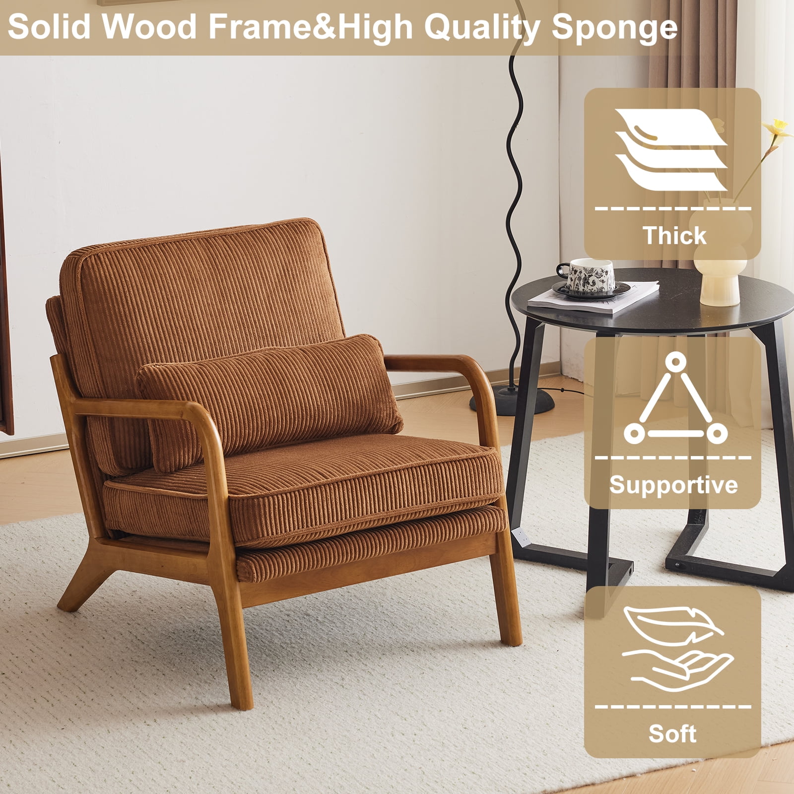 Ktaxon Accent Chair Corduroy Upholstered Armchair, Reading Club Chair with Pillow and Solid Wood Frame for Living Room Bedroom Furniture Brown