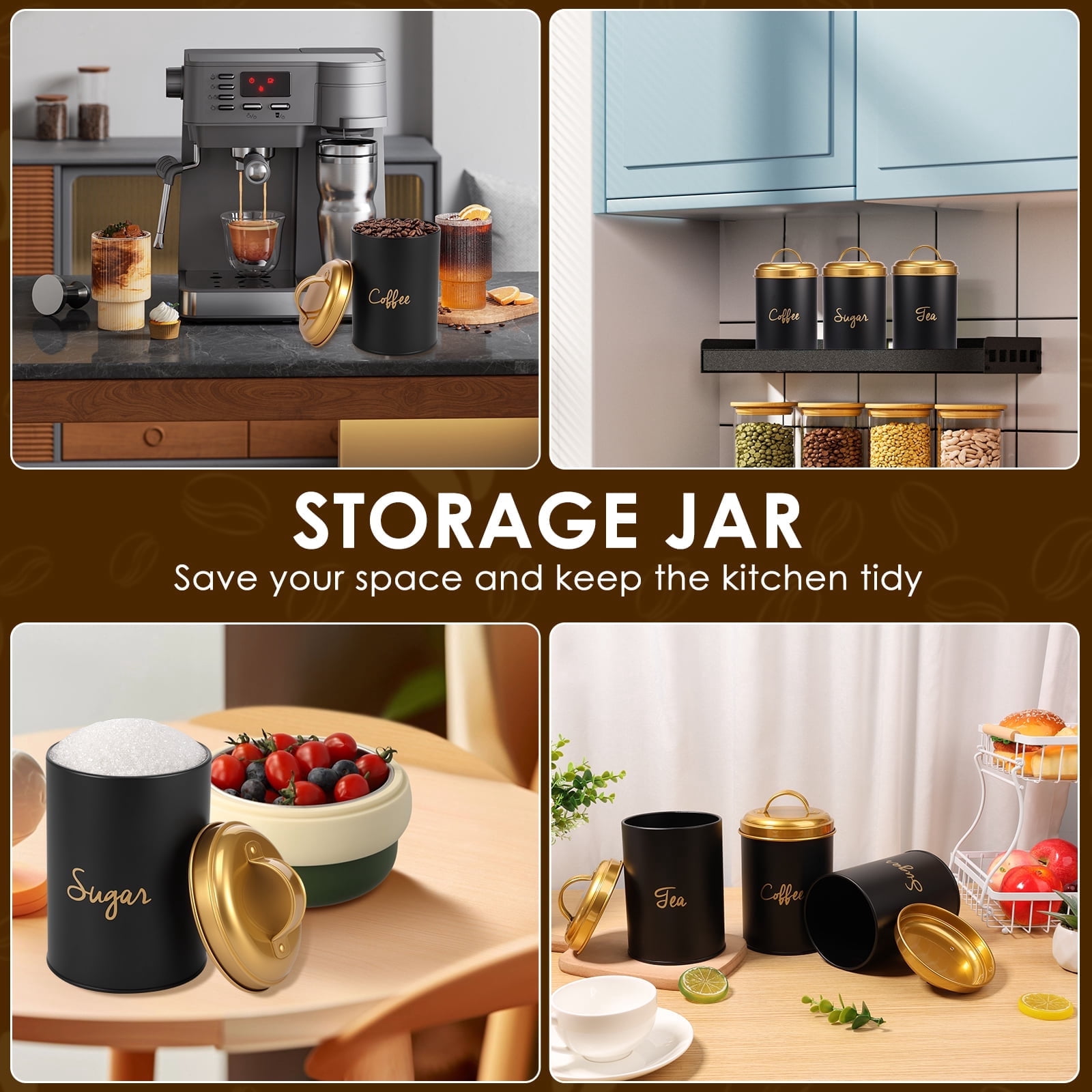 FUYGRCJ 3PCS Kitchen Canisters with Airtight Lid, Metal Coffee Sugar Tea Canisters Set, Airtight Metal Canister Tin Set, Food Storage Containers Jars, Rustic Kitchen Decor Containers for Countertop