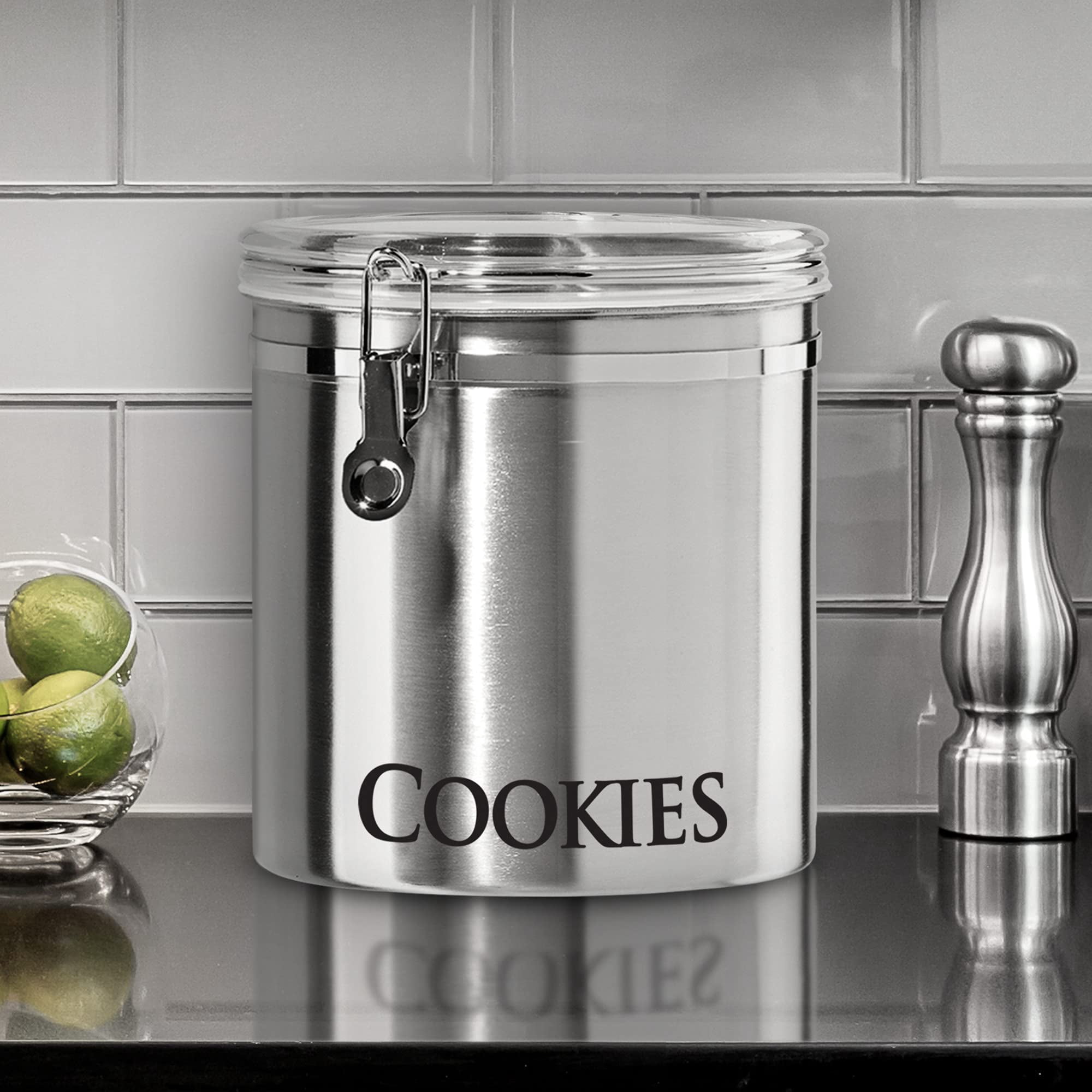 Oggi Airtight Clamp Canister Food Storage Container, 8-Inch-Cookies, Stainless, Clear Lid