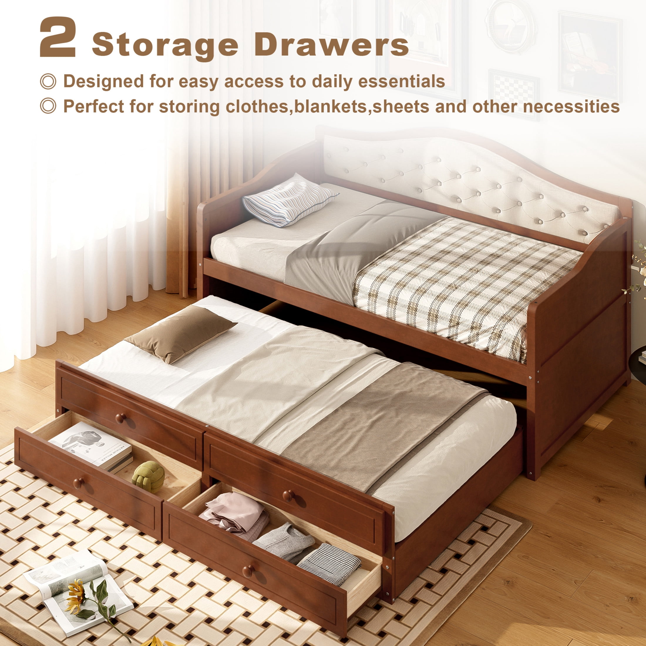 Noble House Twin Daybed with Trundle, 2 Storage Drawers, Upholstered Tufted Backrest, Walnut