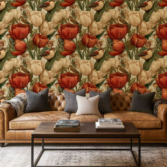 Peel and Stick Wallpaper Contact Paper Floral Birds Vintage Boho Flower Leaf Beige Tulip Flowers Wildflowers Self Adhesive and Removable 17.7in x 118in