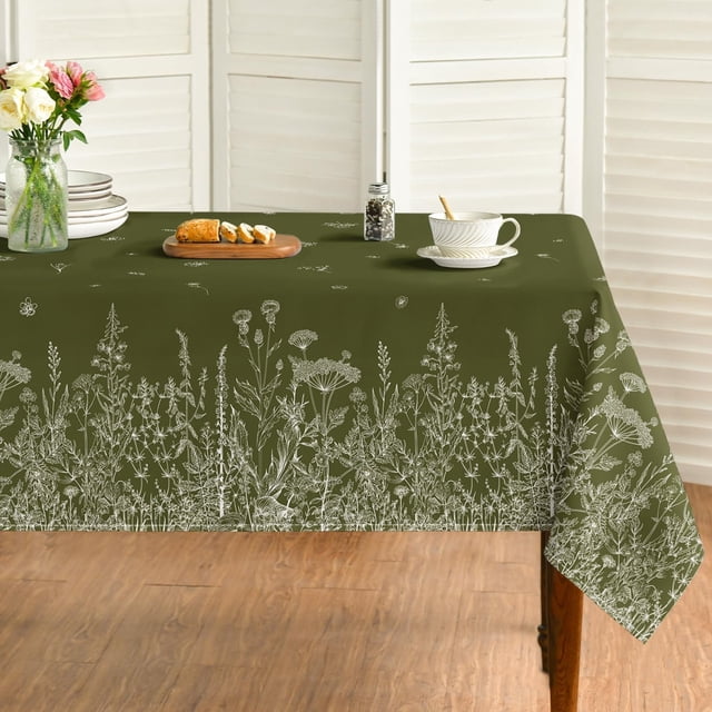 Spring Summer Tablecloth 60×104 Inch Rectangular, Wild Flowers Floral Moss Green Washable Seasonal Table Cover for Party Picnic Dinner Decor