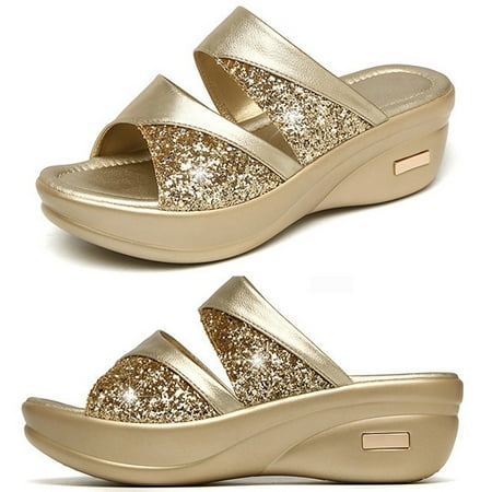 1 Pair Thick Wedge Sole Slipper Summer Female Sandals Stylish Fish Mouth Wedges Mom Shoes Outdoor Casual Slippers for Women Wearing (Golden Size 40 8US  5.5UK  39EU  9.825 Inch)