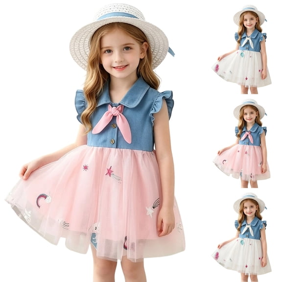 HAOTAGS Girls Casual Dresses Size 12M,Floral Prints Summer Lightweight Summer Cute Kids Denim Dress Pink