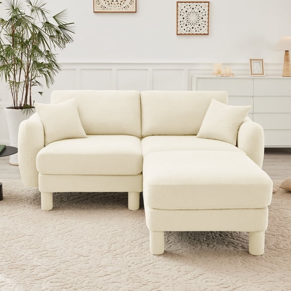 Boucle Fabric 2-Seater Loveseat Sofa With Shell-Shaped Armrests And Removable Ottoman, Cylindrical Legs In Beige For Living Room Or Lounge