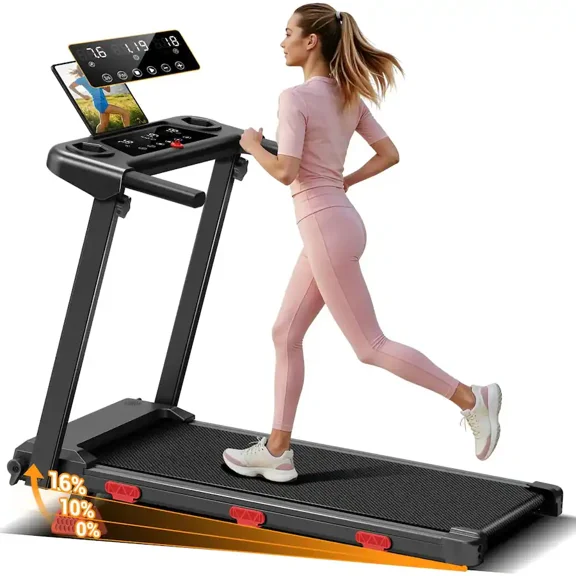 EviTrend Q1 Foldable Walking Pad with 16% Incline, 7.4Mph, 3.0HP Motor, Multifunction Treadmill with Smart Display,Max 400lbs Capacity,Black