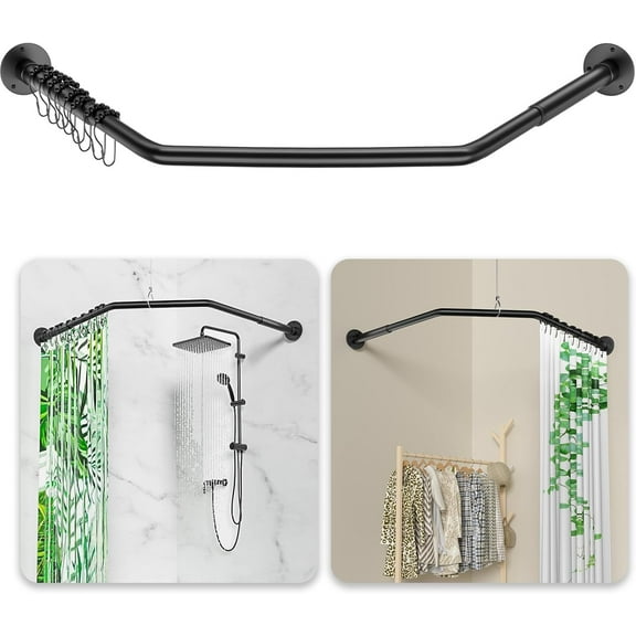 Diamond Shaped Shower Curtain Rod, Adjustable [Both Sides: 22.5" - 35.4", Middle: 12.6" /28.3" / 43.7"] Corner Shower Curtain Rod Pole for Bathroom, Clothing Store with 12 Hooks & Ceiling Support