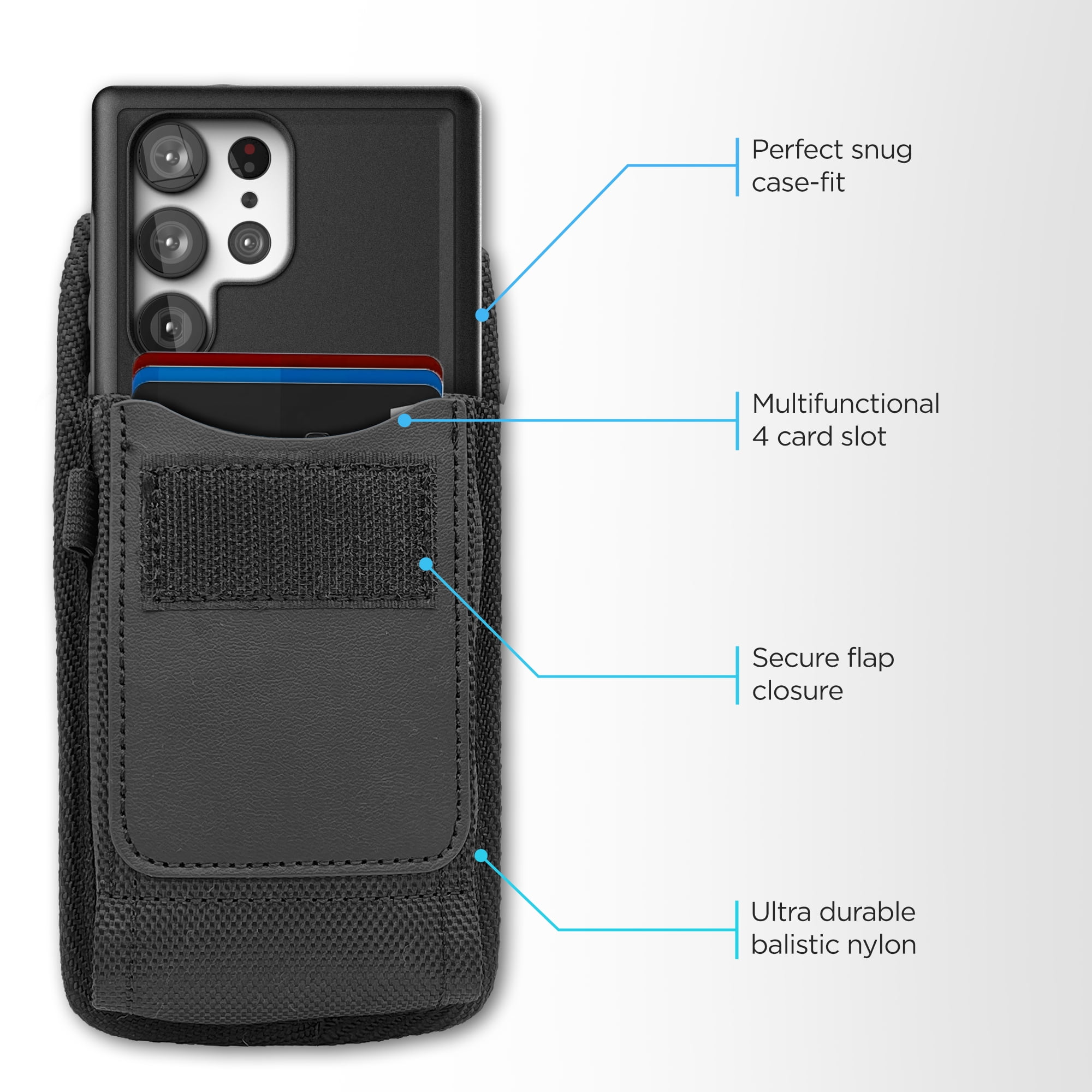 Encased Phone Pouch with Shockproof Case for Samsung Galaxy S23 ULTRA - Rebel Armor with Ballistic Nylon Carrying Holster (Black)