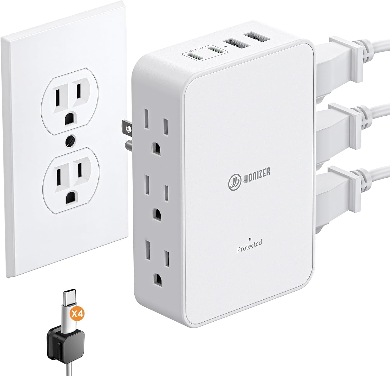RGHJAR-Outlet Splitter with 6 AC Side Outlets, Flat Wall Outlet Extender with PD 20W USB C, 3-Sided Electrical Outlet Extender with 4 Cable Clips for Behind Couches, Nightstands, Desks, TV