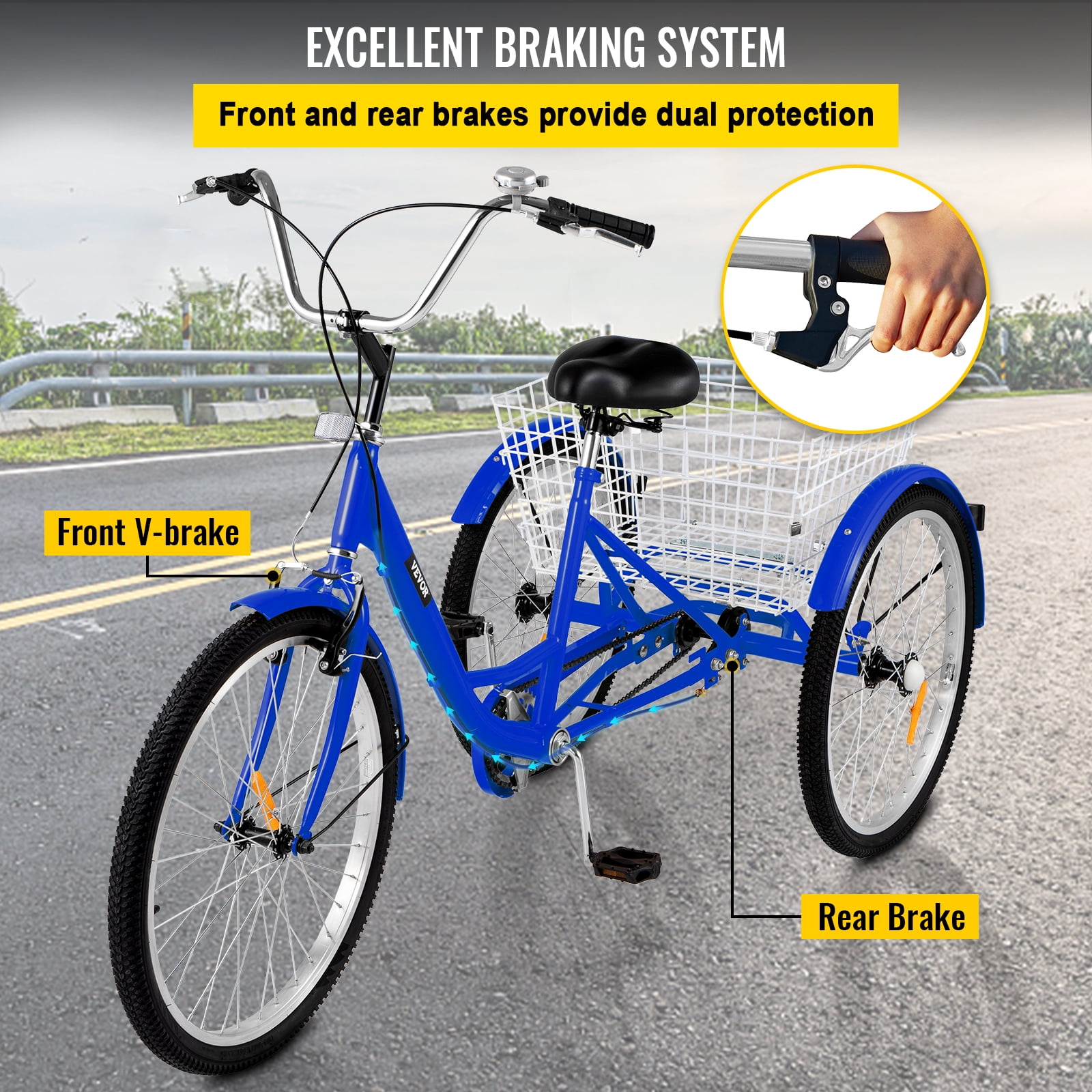 Foldable 3 Wheeled Bicycle with Large Size Basket Backrest Seat VANELL 20“ 7 Speed Tricycle Adult Trike Cruise Bike for Women Men for Shopping Exercise Recreation 