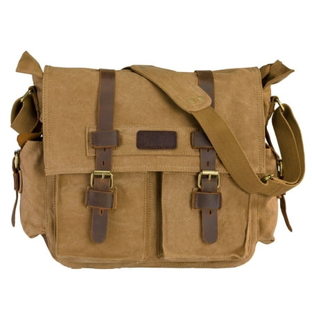 Military Satchel Messenger Bag Vintage Canvas Travel Business Handbag for 15 Inch