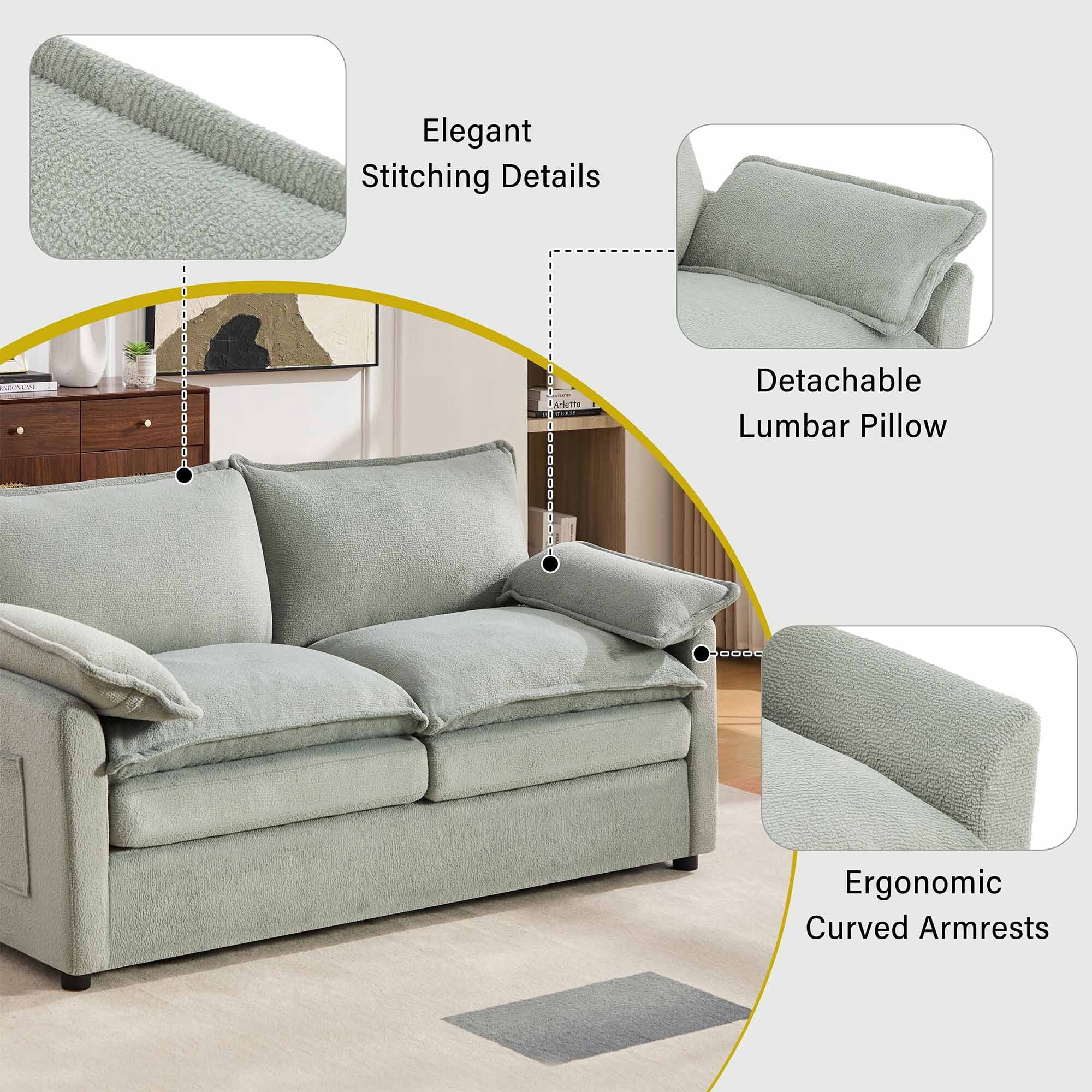 Lunale 2-Seater Sofa with Storage Pockets, Small Modern Cloud Couch for Living Room, Green Chenille