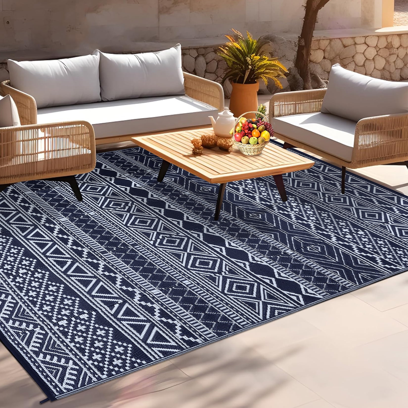 Waterproof Outdoor Rug Modern Patio Plastic Straw, Stain-Resistant Reversible RV Mat, Geometric Indoor Outdoor Carpet for Patio Camping Backyard Deck Garden