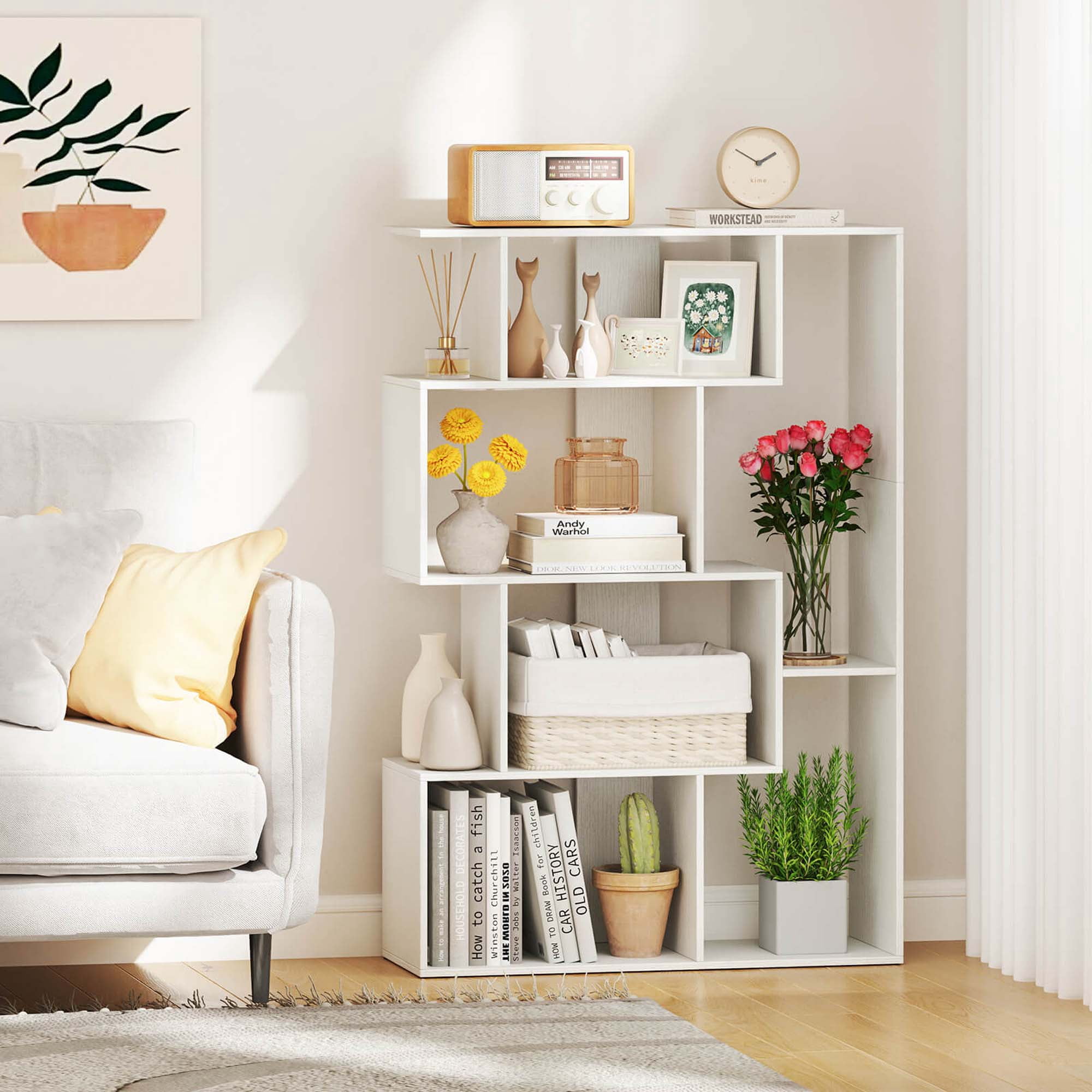 Costway 47" Open-back Geometric Bookshelf Home 6-Cube Large Bookcase with Anti-tip Kits White
