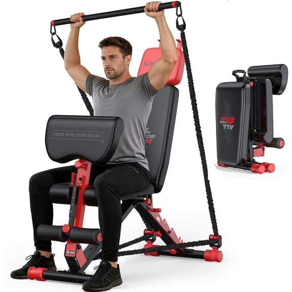 GIKPAL 8 Positions Multi-purpose Adjustable Weight Bench with Resistance Band,Foldable Workout Bench With Extended Headrest & Preacher Curl for Home Gym, 880lbs Capacity