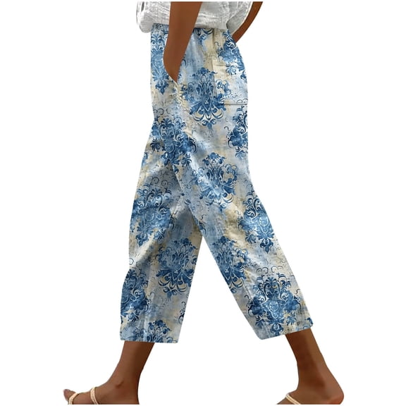 New Womens Boho Capris Pants, Summer Printed Plus Size Casual Drawstring Elastic Waist Cropped Pants Wide Leg Lightweight Capris Soft Capris Leggings for Lady Multicolor M