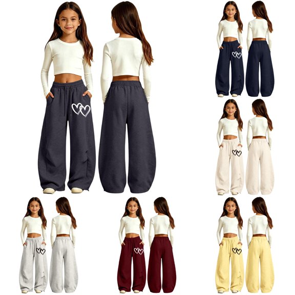 RMGVDSD Girls Baggy Sweatpants Fashion Heart Print Curved Leg Athletic Pants Elastic Waist Drawstring Trousers Casual School Pants for Girls 10-11 Years