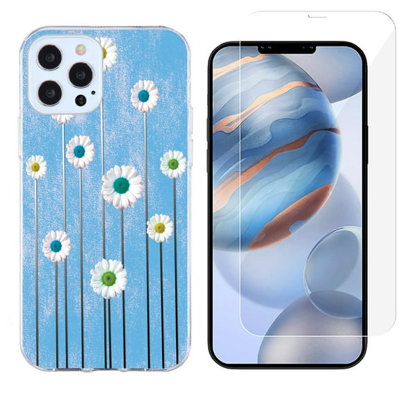 Slim-Fit Protective Phone Case compatible with iPhone 12 Pro Max, with Tempered Glass Screen Protector, by OneToughShield ® - Daisy Sky