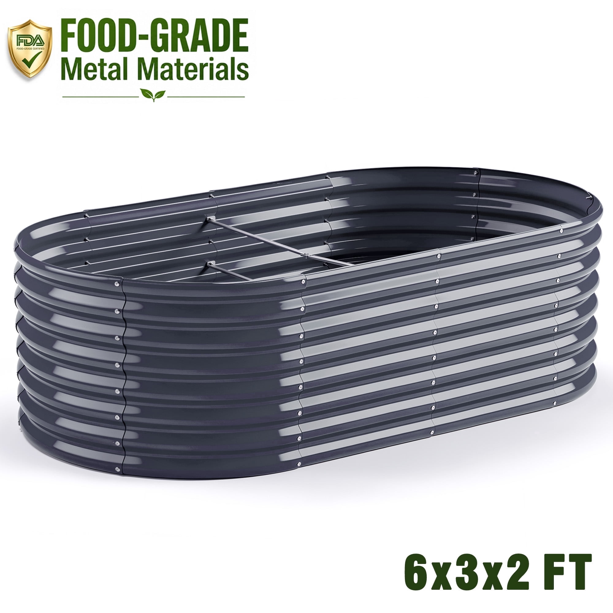 KINIMOX 6x3x2 FT Gray Galvanized Raised Garden Bed, 24in Tall Metal Planter Box Outdoor, Oval Garden Bed for Vegetables Flowers Herbs, 0.6mm Thick Rust-Resistant Steel