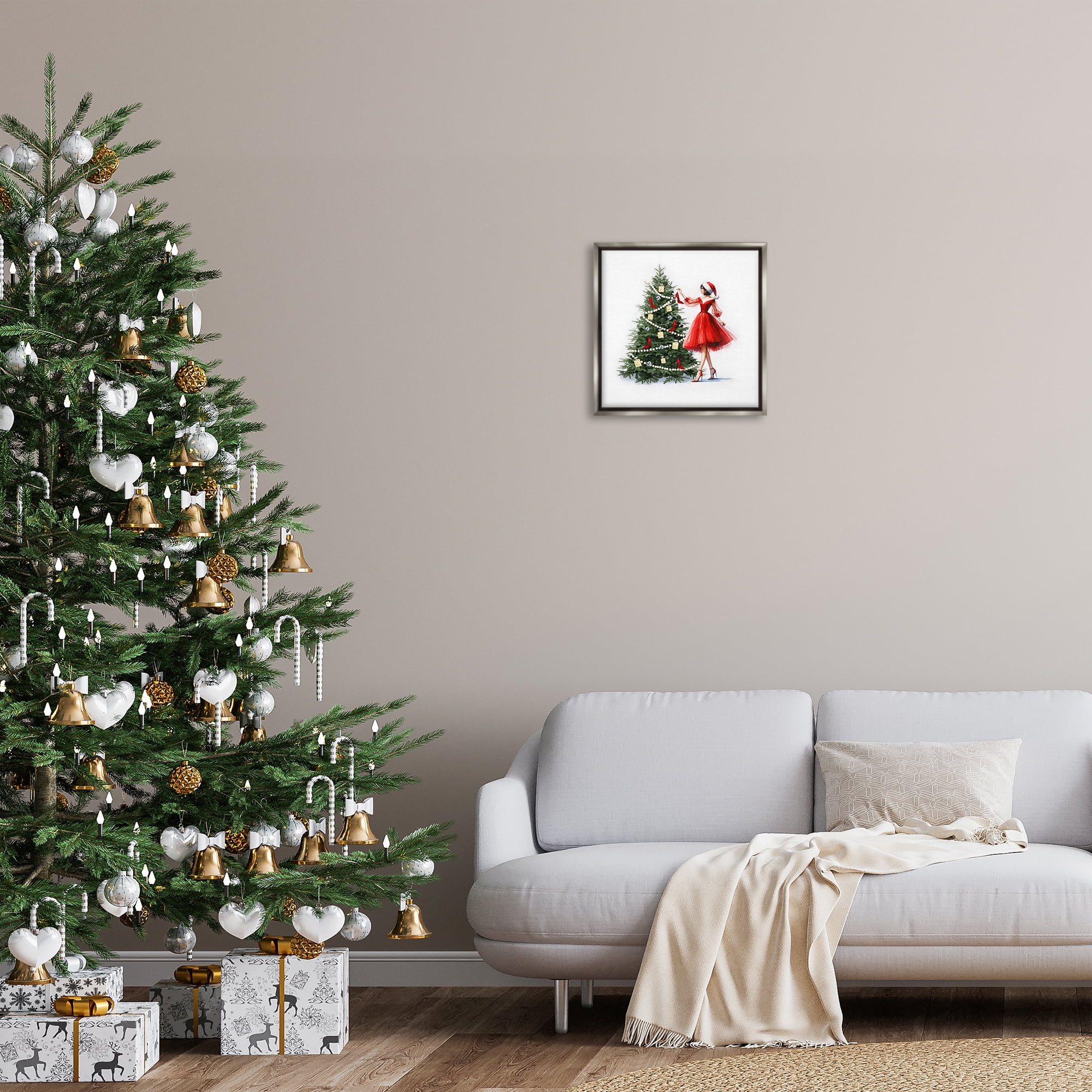 Stupell Industries Holiday Tree Glam Accessories Holiday Painting Gray Floater Framed Canvas Art Prints Wall Art, 18 x 18