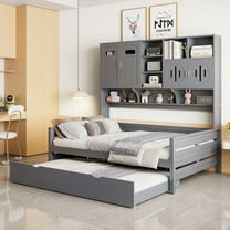 The Full Size Wooden Daybed with Twin Trundle & Back Shelf in Gray