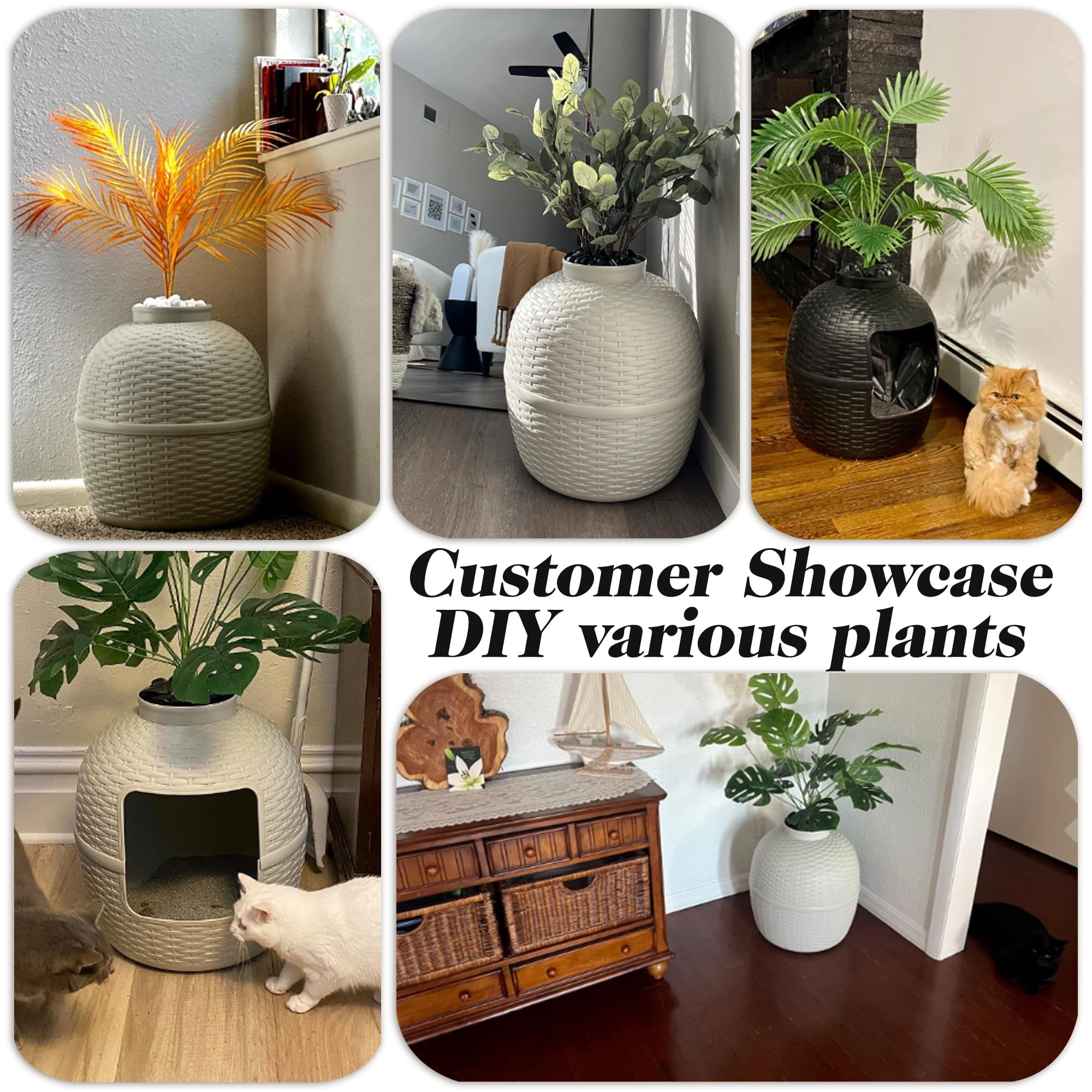 Hidden Litter Box with Faux Plant, Cat Litter Box Furniture with Rattan Pattern for Large Cat, Carbon Filter, Easy Assemble & Clean, Brown