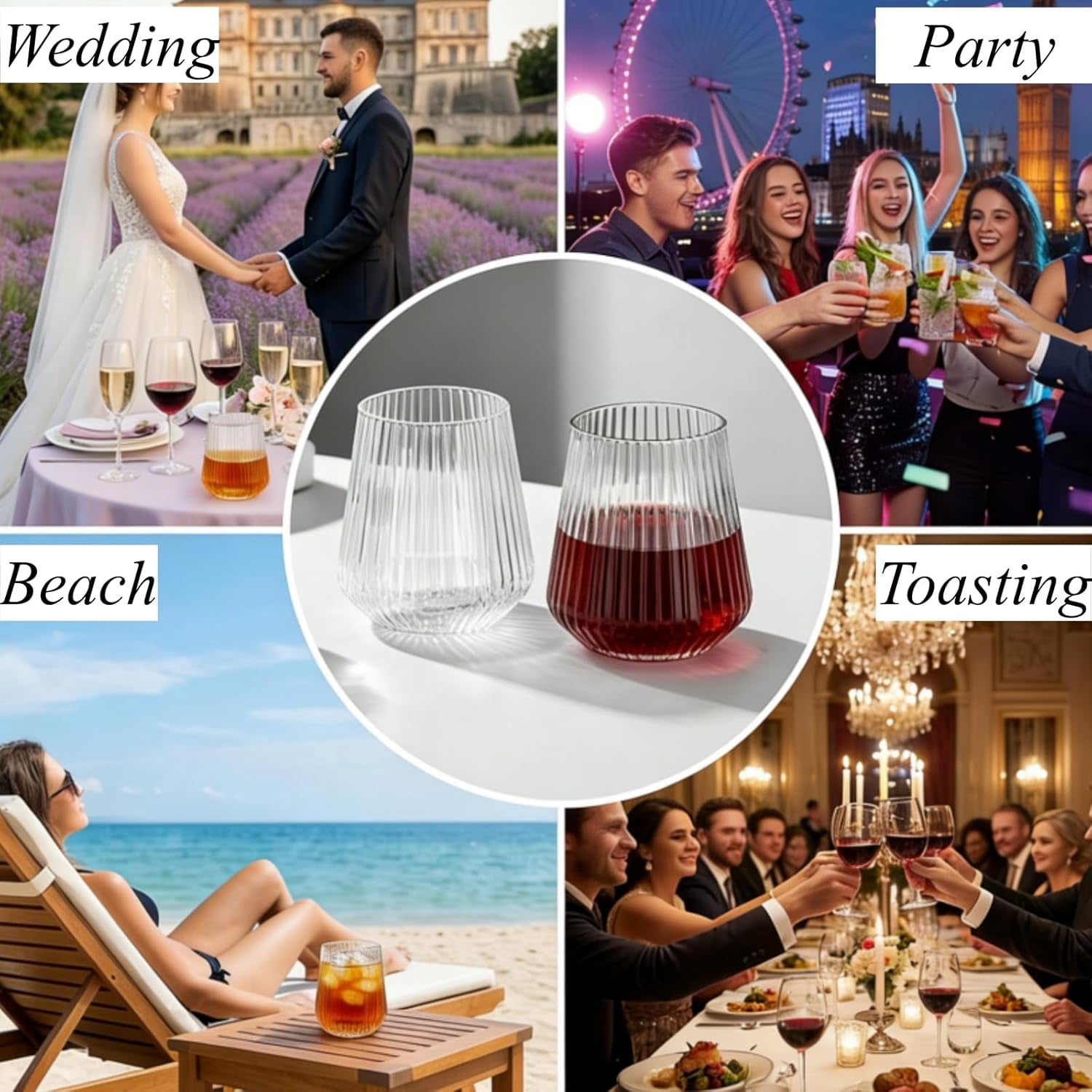 20 Pack Plastic Ribbed Wine Glasses, 12 Oz Unbreakable Stemless Cocktail Cups for Party, Disposable Reusable Origami Style Ridged Drinking Tumbler for Champagne Catering Wedding Picnic Bar