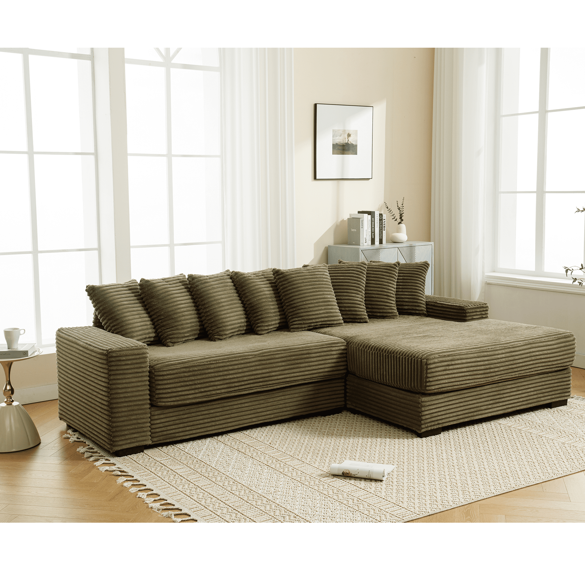 AISWORD 111" Oversized 3-Seat L-Shaped Sectional Sofa with Left Chaise, Luxury Corduroy Fabric Modular Couch with 8 Throw Pillows, Easy Assembly for Living Room