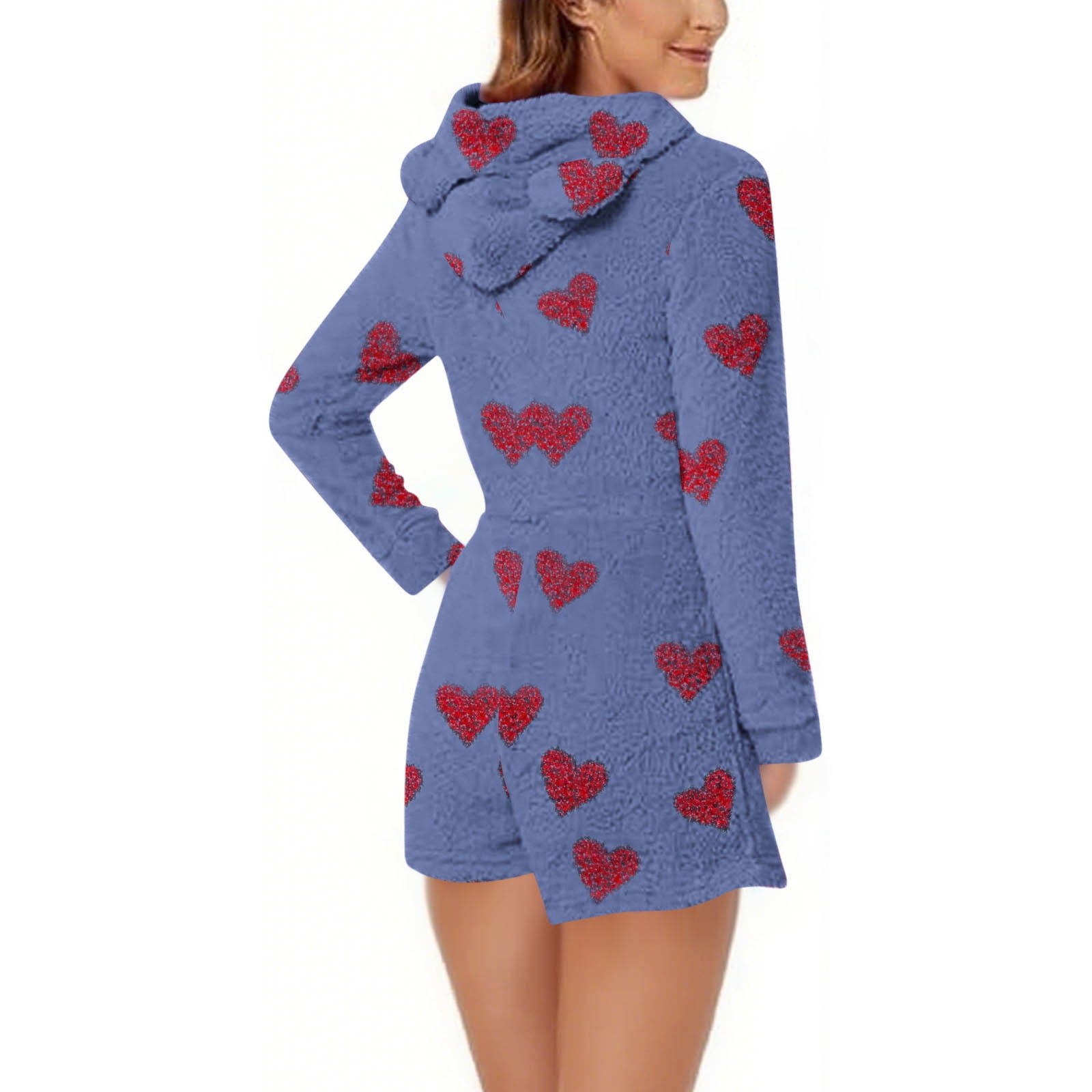 Aobny Pajamas Women Fleece Valentine's Loungewear Onesies Wide-Leg Blue Long Sleeve Hooded Shorts Pajama,XXL