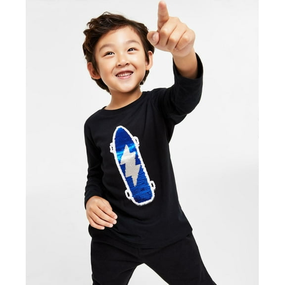 Epic Threads Little Boys Long-Sleeve Sequinned Skateboard T-shirt, Created for Macy's - Deep Black