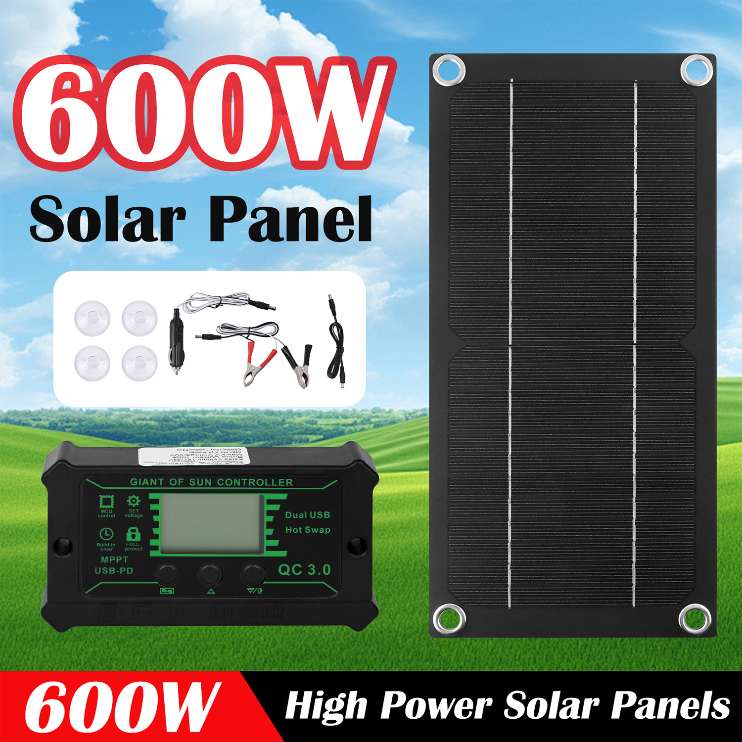 Natubeau 600WSolarPanelKit, Monocrystalline Silicon 100A Charge Controller Solar Panel Kit,Portable SolarPanelKit with Extension Cable Battery Clip for RV, Camping, OutdoorActivities