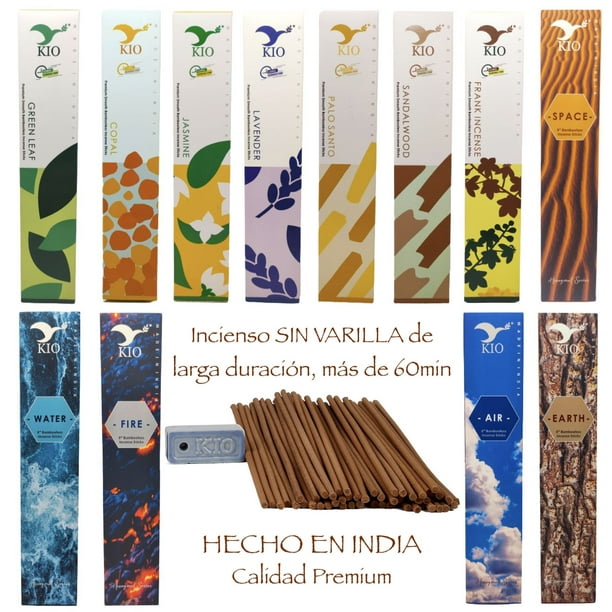 Incienso Sin Varilla 100% Natural Fragancias Herbales Larga Duracion 60min Relajación Budismo Meditación Yoga Pilates Copal Mirra Lavanda Palo Santo Hecho en India Elementos Bambooless + Base