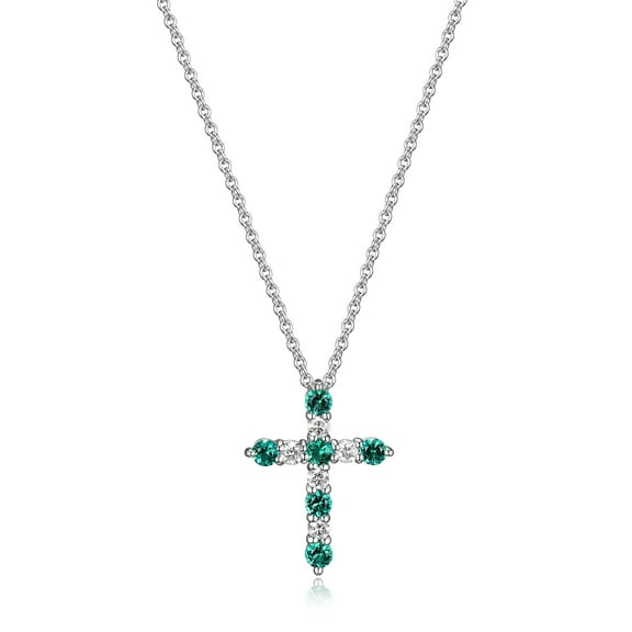 Forever Facets Jewelry Platinum Over Sterling Silver Created Emerald and 1/8th Carat Total Weight Lab Grown Diamond Cross Necklace, 18 Inch Fine Cable Chain 2 Inch Extender (H-I Color, I1 Clarity)