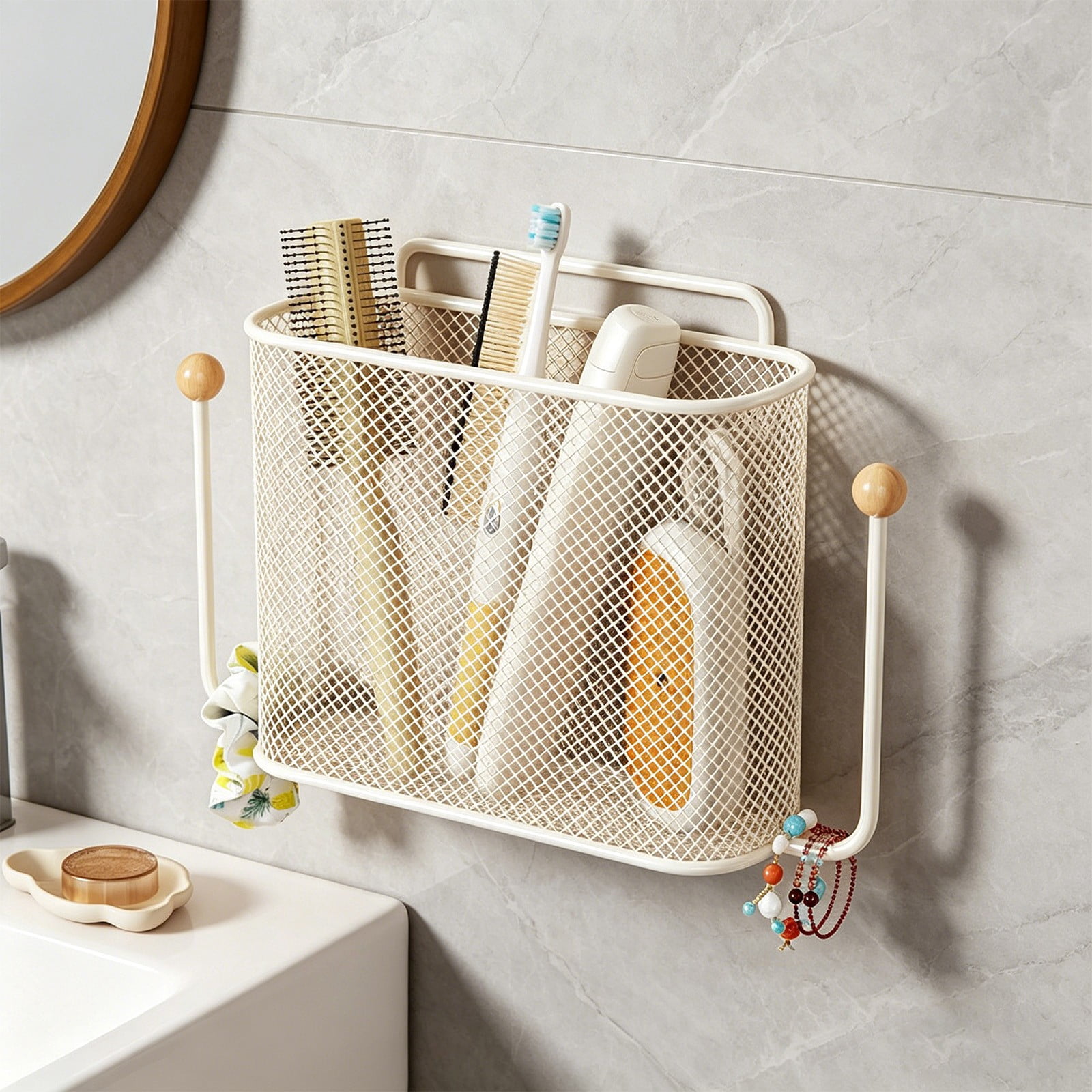 Bathroom Wall Mounted Storage Basket Metal Organizer No Drill Storage Shelf, Rust Resistant Breathable Strong Easy Install Space Saving, For Bathroom Kitchen Bedroom Dorm Wall Storage