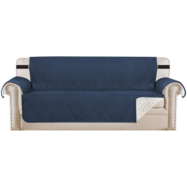 Funda reversible para sofá, protector de muebles, resistente al agua, correas elásticas, fundas para sofá, mascotas, para sentarse (sofá de gran tamaño, azul marino/beige)