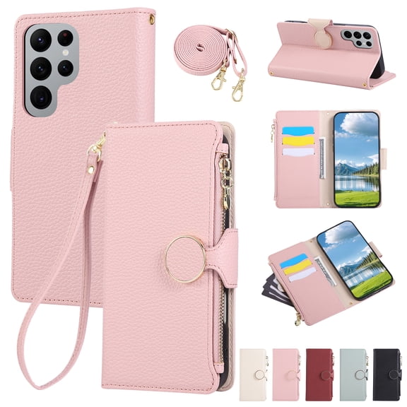 Crossbody Wallet Case for Samsung Galaxy S22 Ultra with Wrist Strap & Shoulder Strap, Zipper Purse with Magnetic Clasp Stand Card Holder, PU Leather Shockproof Cover for Samsung Galaxy S22 Ultra, Pink