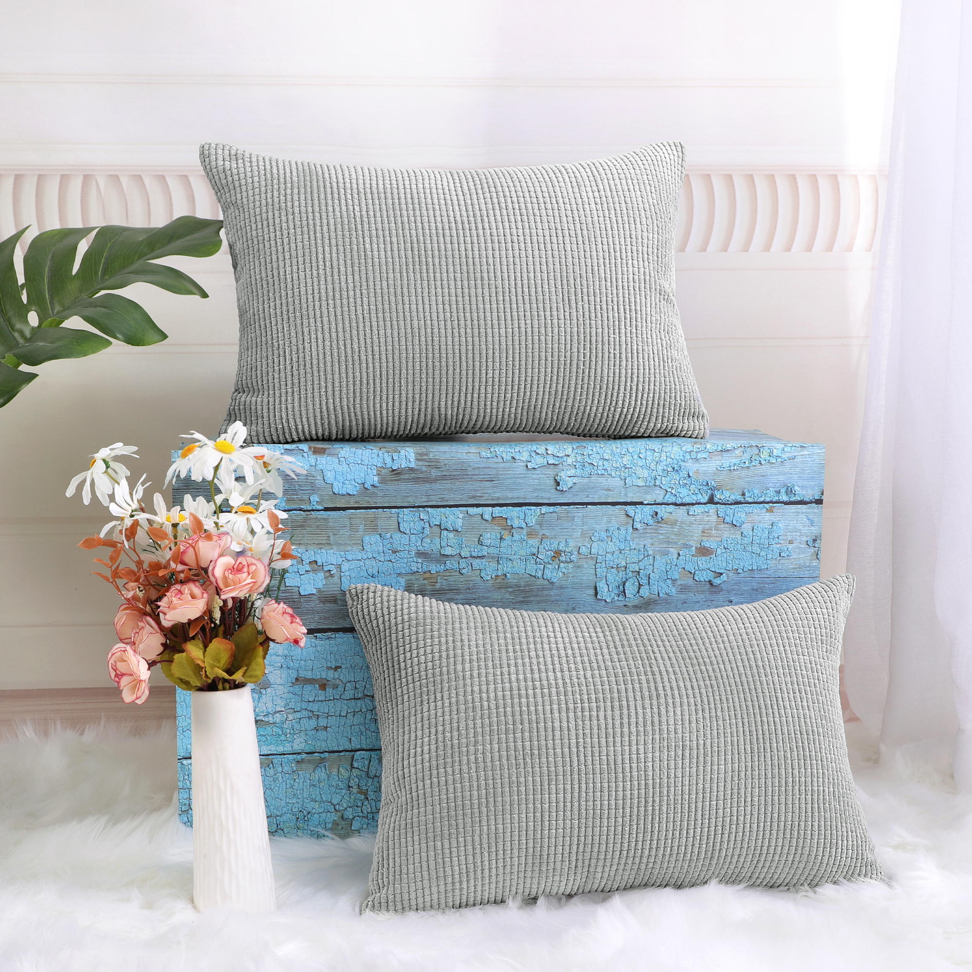 Unique Bargains 2-pcs Corduroy Decorative Throw Pillow Covers Light Gray 12"x18"